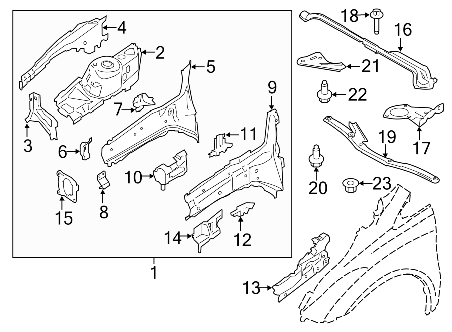 Diagram FENDER. STRUCTURAL COMPONENTS & RAILS. for your 2011 Ford Mustang   