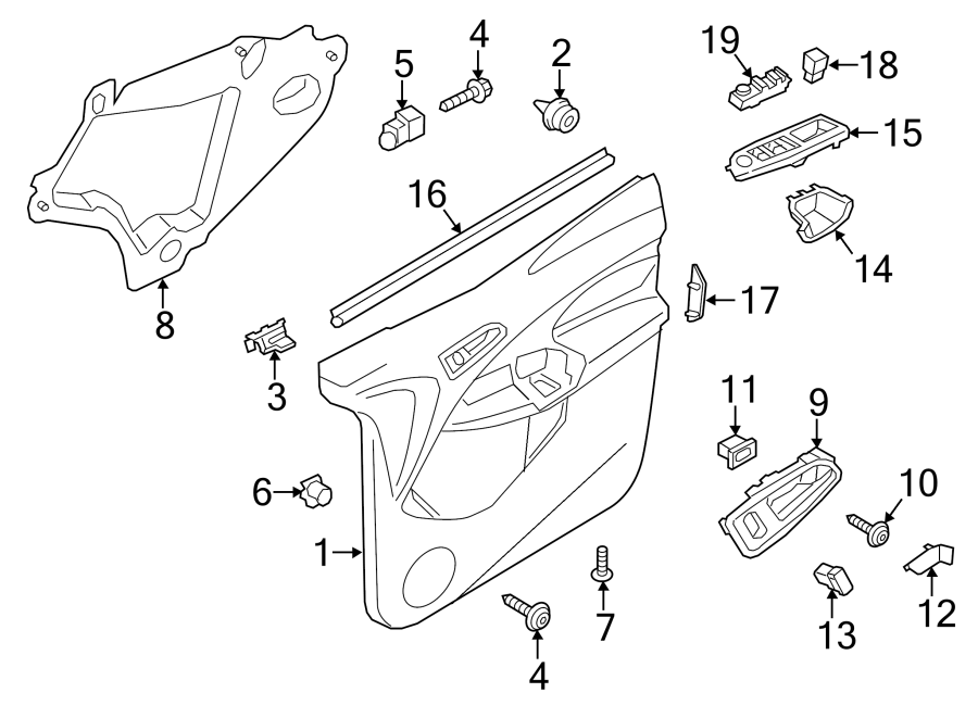 Diagram Front door. Interior trim. for your 2019 Ford F-150 2.7L EcoBoost V6 A/T RWD Lariat Crew Cab Pickup Fleetside 