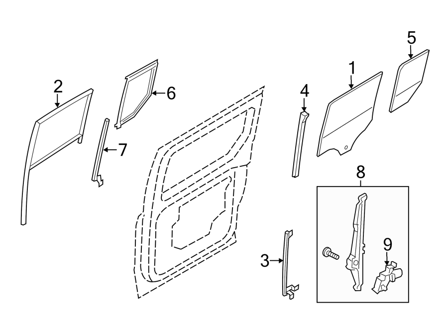 Diagram SIDE LOADING DOOR. GLASS & HARDWARE. for your 2021 Ford Mustang   