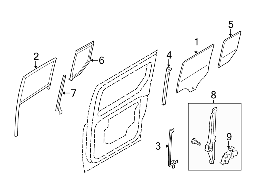 Diagram SIDE LOADING DOOR. GLASS & HARDWARE. for your 2021 Ford Mustang   