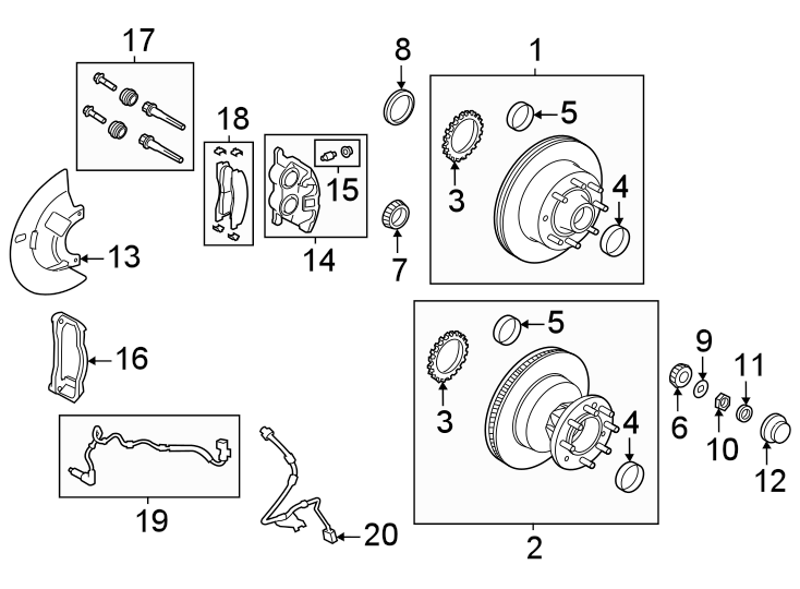 Diagram Front suspension. Brake components. for your 2003 Ford F-150 5.4L Triton V8 A/T RWD XL Standard Cab Pickup Fleetside 