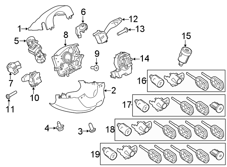 Diagram STEERING COLUMN. SHROUD. SWITCHES & LEVERS. for your 2016 Ford Transit Connect   