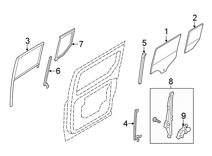 Diagram SIDE LOADING DOOR. GLASS & HARDWARE. for your 2021 Ford Mustang   