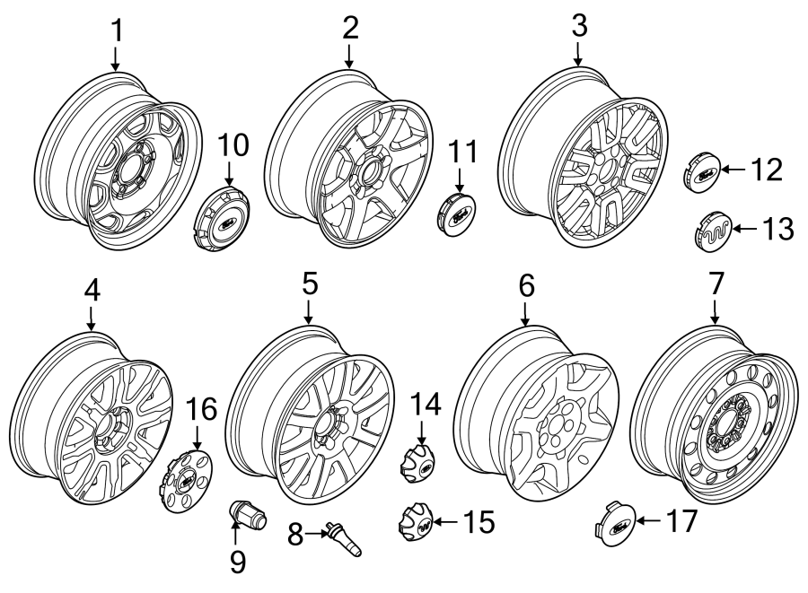 Diagram WHEELS. WHEEL COVERS & TRIM. for your 2023 Ford Mustang 2.3L EcoBoost A/T EcoBoost Coupe 