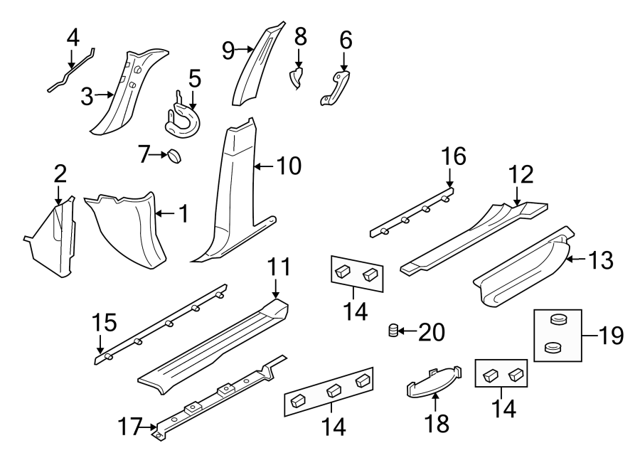 Diagram PILLARS. ROCKER & FLOOR. INTERIOR TRIM. for your 2003 Ford F-150 5.4L Triton V8 CNG A/T 4WD XLT Crew Cab Pickup Stepside 