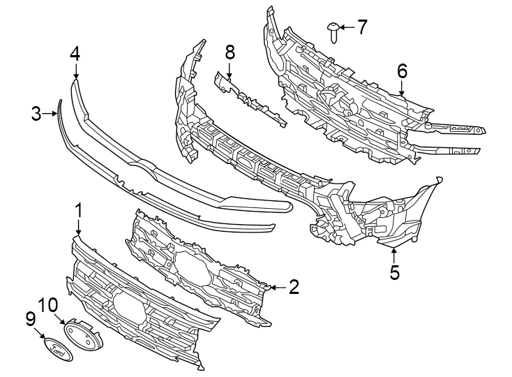 Diagram Front bumper & grille. Grille & components. for your 2022 Ford F-350 Super Duty 6.7L Power-Stroke V8 DIESEL A/T RWD XL Standard Cab Pickup Fleetside 