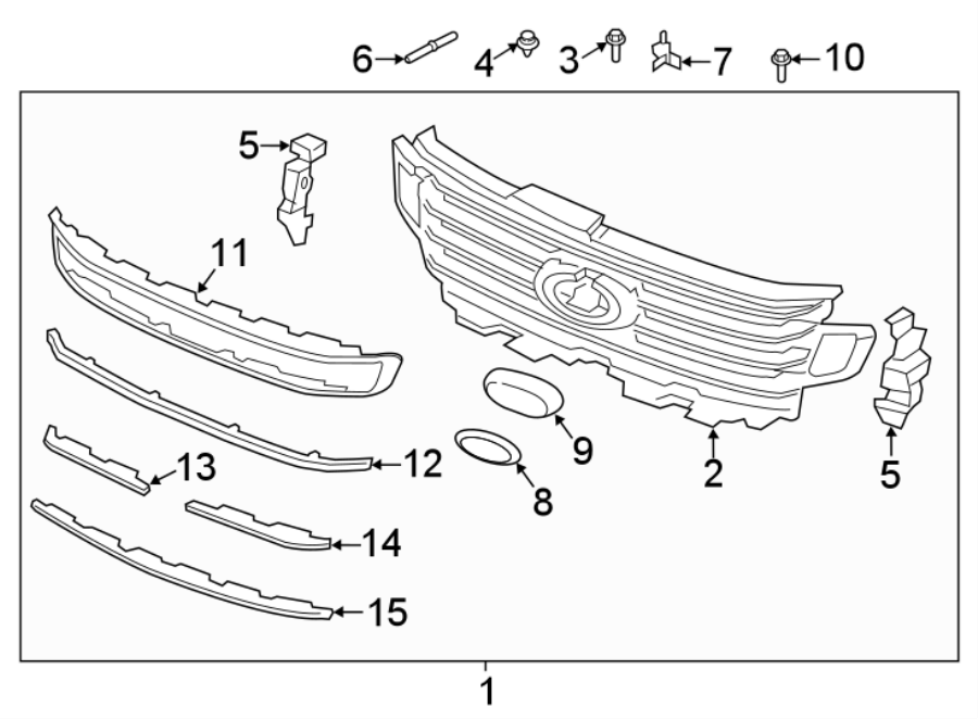 Diagram FRONT BUMPER & GRILLE. GRILLE & COMPONENTS. for your Ford Bronco  