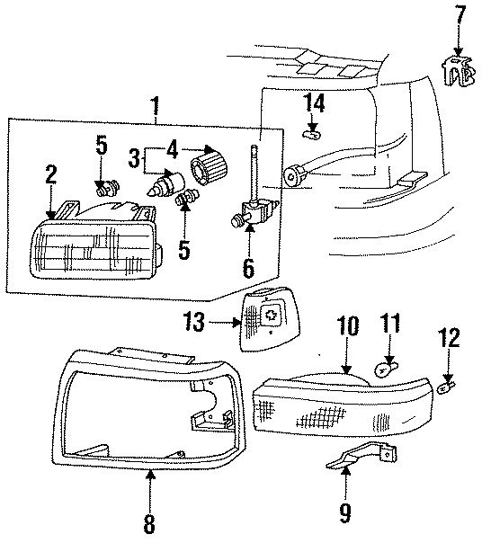 Diagram FRONT LAMPS. HEADLAMP COMPONENTS. PARK LAMPS. SIDE MARKER LAMPS. for your 1992 Ford F-150  XL Standard Cab Pickup Fleetside 