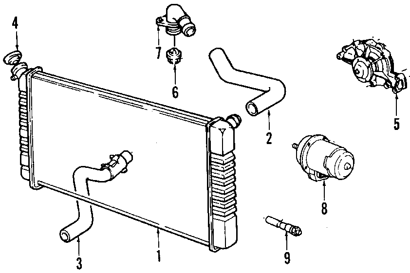 Diagram COOLING SYSTEM. COOLING FAN. RADIATOR. WATER PUMP. for your 1991 Cadillac Deville  Base Coupe 4.9L Cadillac V8 A/T 