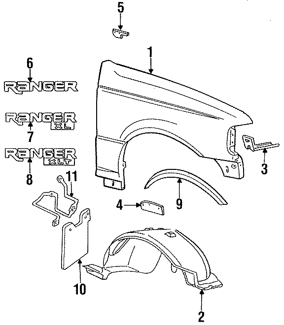 Diagram EXTERIOR TRIM. FENDER & COMPONENTS. for your Ford Ranger  