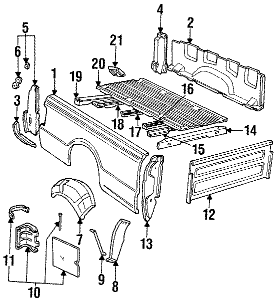 Diagram PICK UP BOX. FLOOR. FRONT & SIDE PANELS. for your Ford