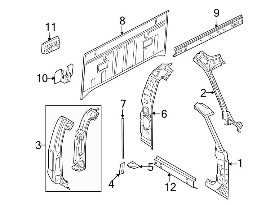 Diagram BACK PANEL. HINGE PILLAR. ROCKER PANEL. for your 2014 Ford F-150 3.7L V6 CNG A/T RWD XLT Standard Cab Pickup Fleetside 