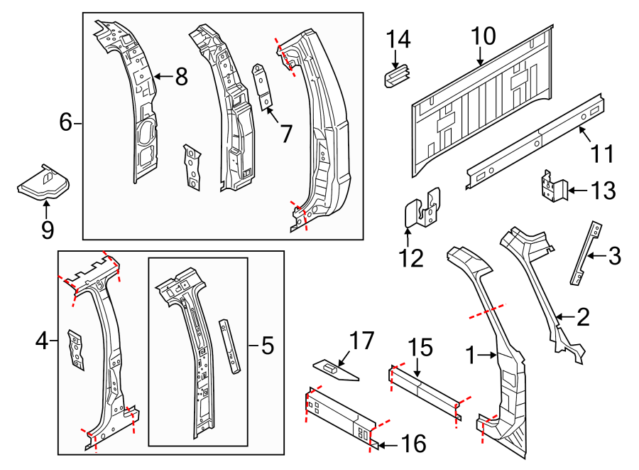 Diagram BACK PANEL. HINGE PILLAR. ROCKER PANEL. for your Ford F-250 Super Duty  