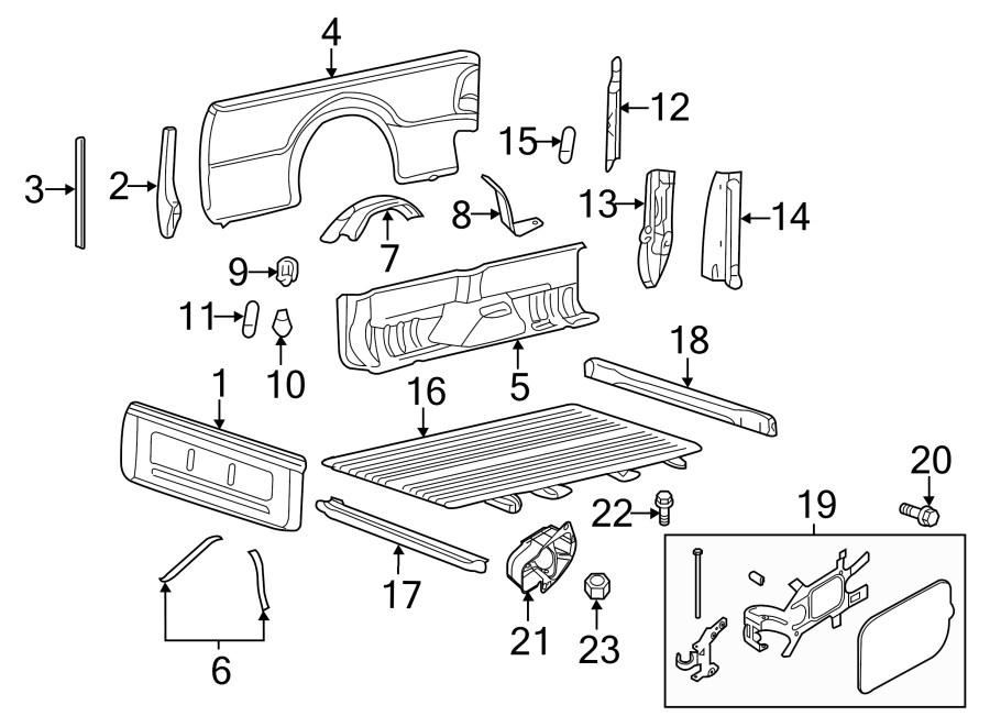 Diagram Pick up box. Box assembly. Front & side panels. for your 2017 Ford F-350 Super Duty 6.7L Power-Stroke V8 DIESEL A/T 4WD XL Extended Cab Pickup Fleetside 