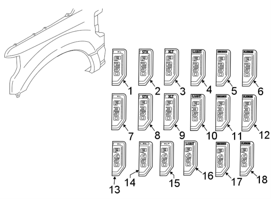 Diagram FENDER. EXTERIOR TRIM. for your Ford F-250 Super Duty  