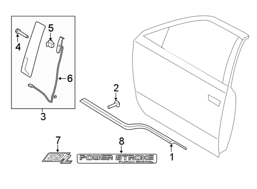 Diagram FRONT DOOR. EXTERIOR TRIM. for your Ford F-250 Super Duty  