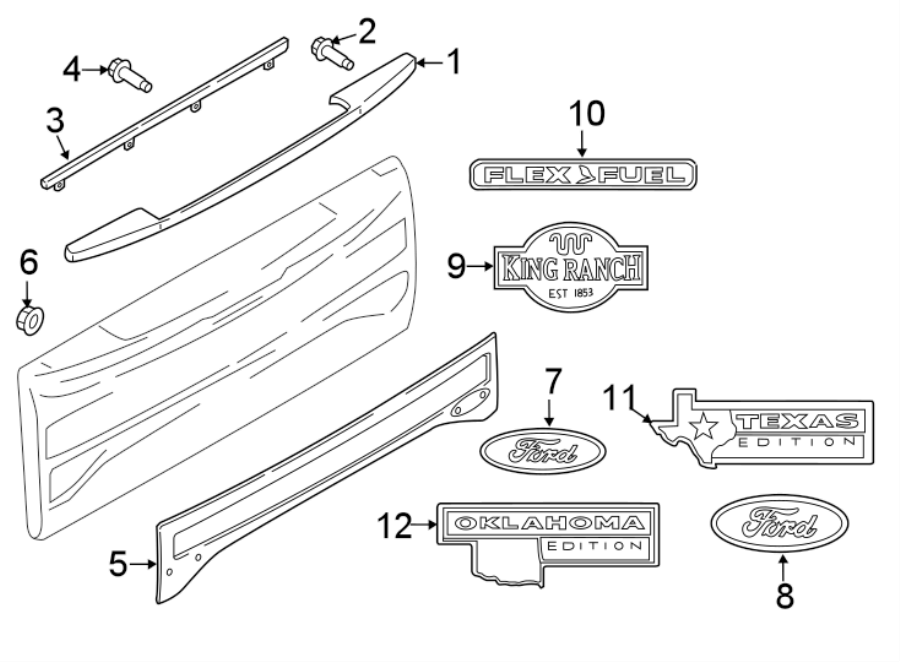 Diagram TAIL GATE. EXTERIOR TRIM. for your 2011 Ford F-150 3.7L V6 FLEX A/T 4WD STX Extended Cab Pickup Fleetside 