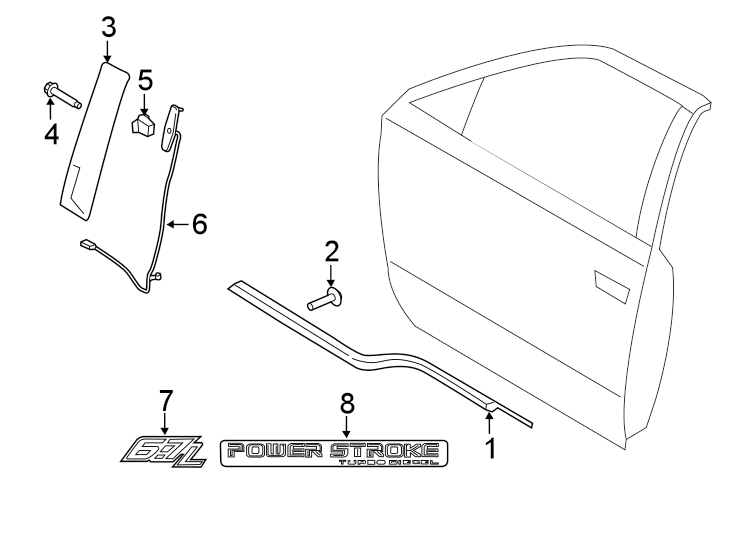 Diagram Front door. Exterior trim. for your 2021 Ford F-250 Super Duty   