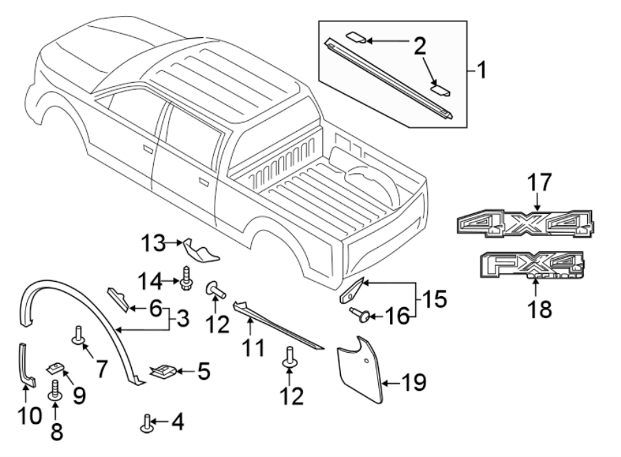 Diagram PICK UP BOX. EXTERIOR TRIM. for your Ford