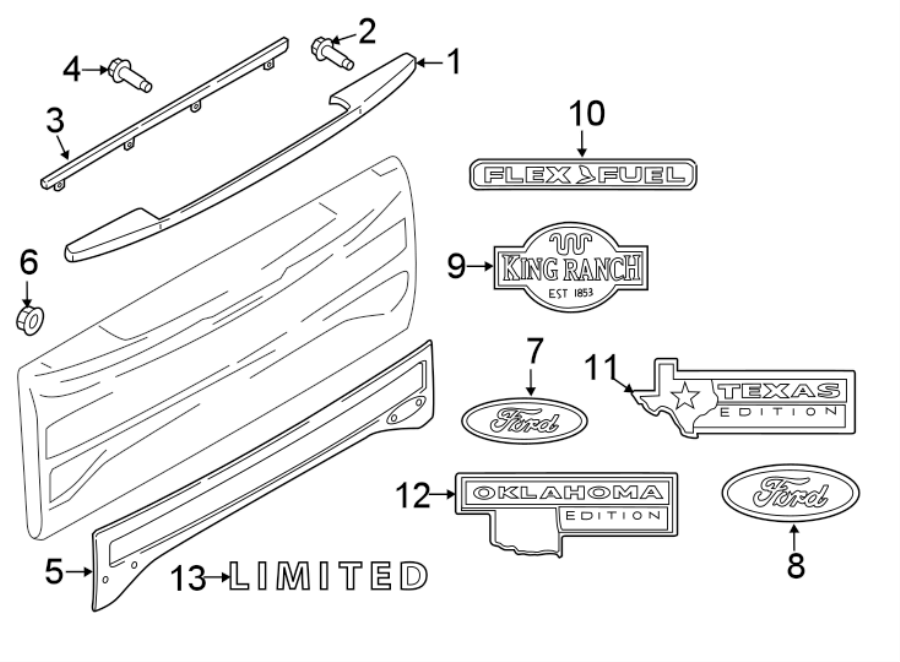 Diagram TAIL GATE. EXTERIOR TRIM. for your 2011 Ford F-150 3.7L V6 FLEX A/T 4WD STX Extended Cab Pickup Fleetside 