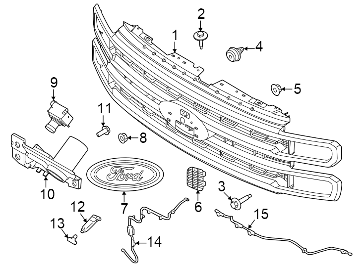 Diagram Grille & components. for your 2014 Ford F-150 6.2L V8 A/T 4WD FX4 Crew Cab Pickup Fleetside 