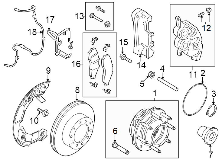 Diagram Front suspension. Brake components. for your 2007 Ford F-150 4.2L Triton V6 M/T 4WD XL Standard Cab Pickup Fleetside 