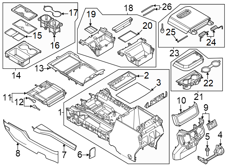 Diagram Front console. for your 2017 Lincoln MKZ Reserve Sedan 2.0L EcoBoost A/T FWD 