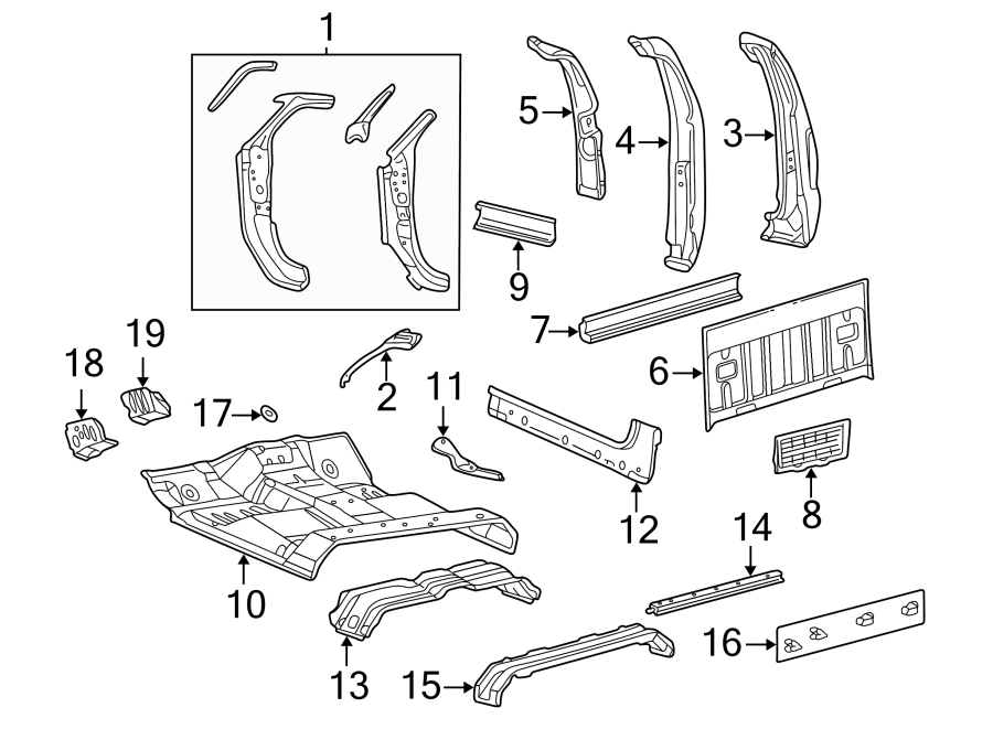 Diagram BACK PANEL. FLOOR. HINGE PILLAR. ROCKER PANEL. for your 2002 Ford F-450 Super Duty   