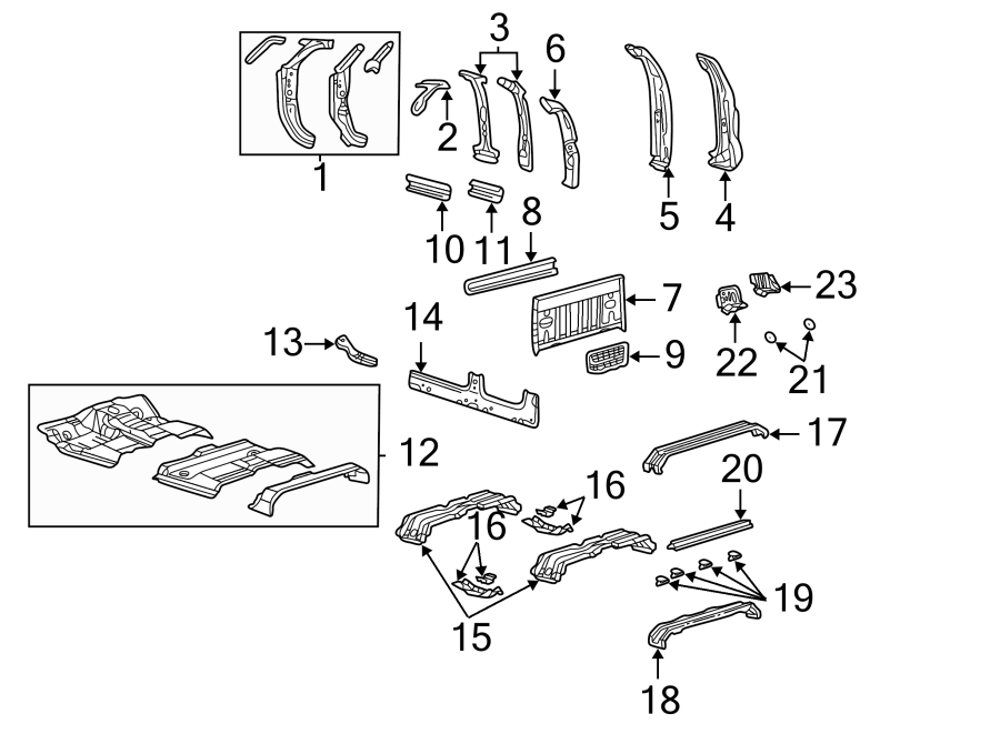 Diagram Seats & tracks. Back panel. Floor. Hinge pillar. Rocker panel. for your Ford F-550 Super Duty  