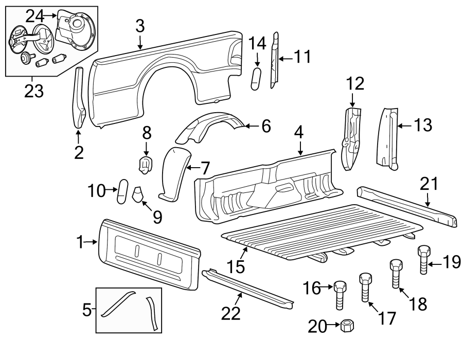 Diagram Pick up box. Box assembly. Front & side panels. for your 2017 Ford F-350 Super Duty 6.7L Power-Stroke V8 DIESEL A/T 4WD XL Extended Cab Pickup Fleetside 