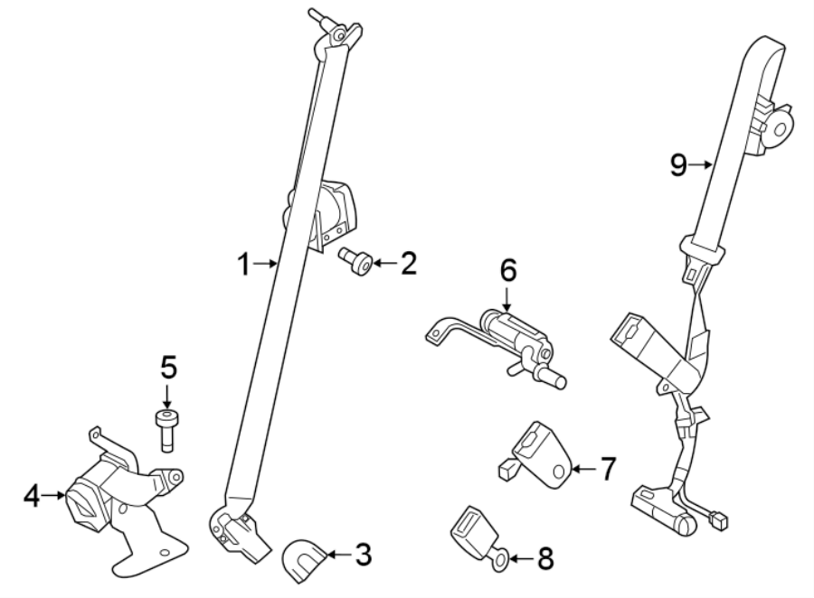 Diagram RESTRAINT SYSTEMS. SECOND ROW SEAT BELTS. for your 2022 Ford Explorer   