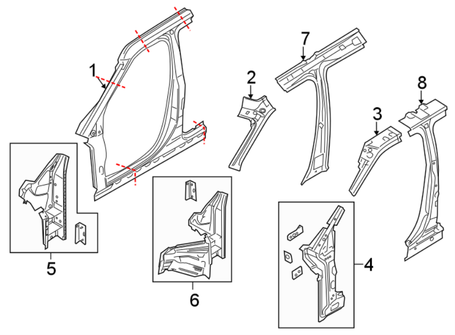 Diagram PILLARS. ROCKER & FLOOR. CENTER PILLAR. DOOR OPENING FRAME. HINGE PILLAR. for your 1988 Ford Aerostar 3.0L Vulcan V6 M/T Base Mini Cargo Van 