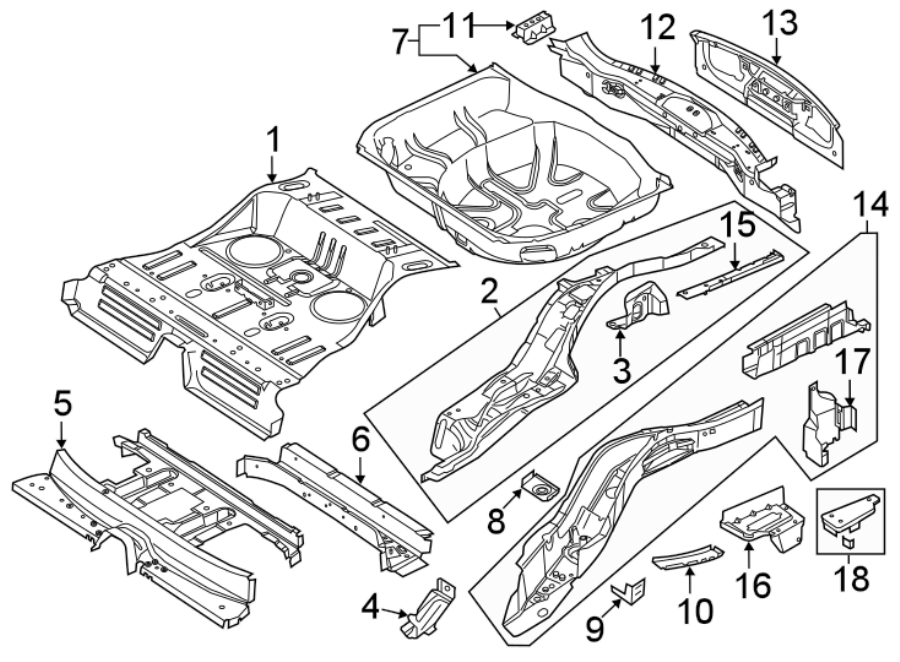 Diagram REAR BODY & FLOOR. REAR FLOOR & RAILS. for your 2017 Lincoln MKZ Reserve Sedan 3.0L EcoBoost V6 A/T FWD 