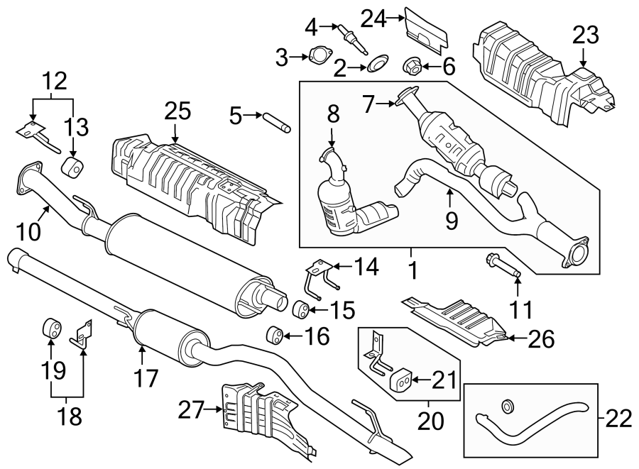 Diagram Exhaust system. Exhaust components. for your 2019 Ford F-150 2.7L EcoBoost V6 A/T RWD XLT Extended Cab Pickup Fleetside 