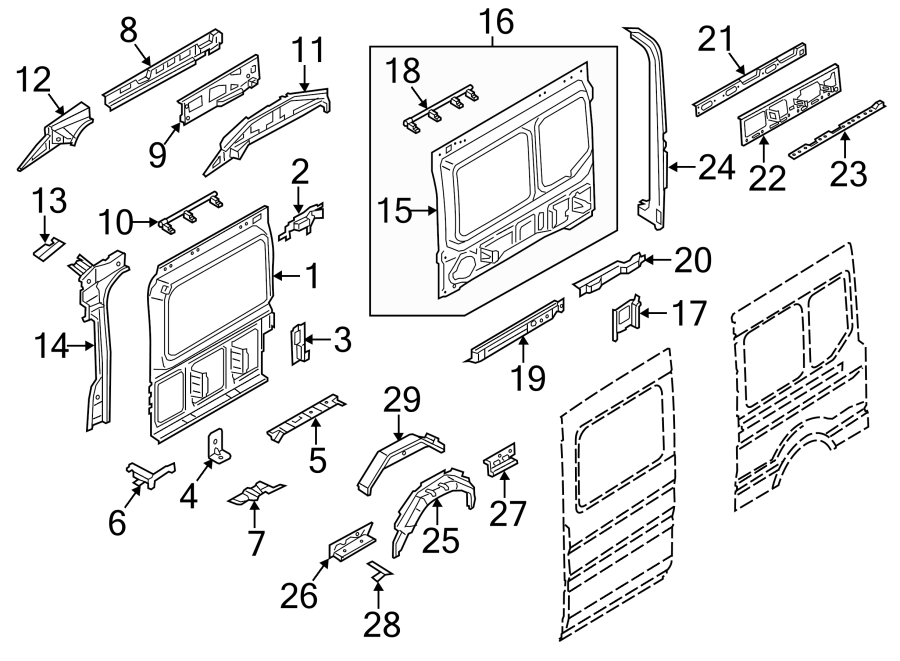 Diagram SIDE PANEL. INNER STRUCTURE. for your Ford Transit-250  