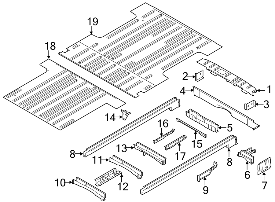 Diagram REAR BODY & FLOOR. FLOOR & RAILS. for your Ford Transit-250  