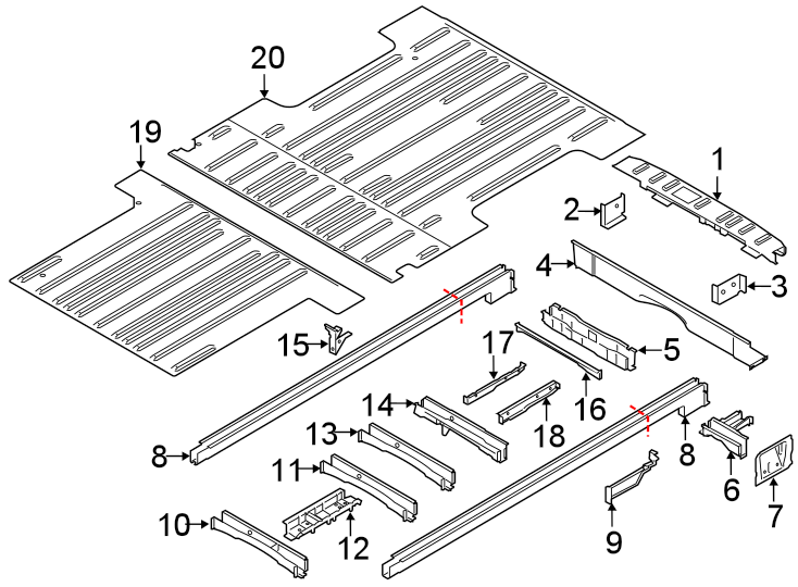 Diagram REAR BODY & FLOOR. FLOOR & RAILS. for your Ford Transit-250  