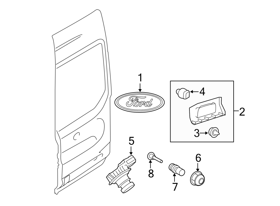 Diagram Back door. Exterior trim. for your 2016 Ford Transit Connect 2.5L Duratec CNG A/T XL Mini Cargo Van 