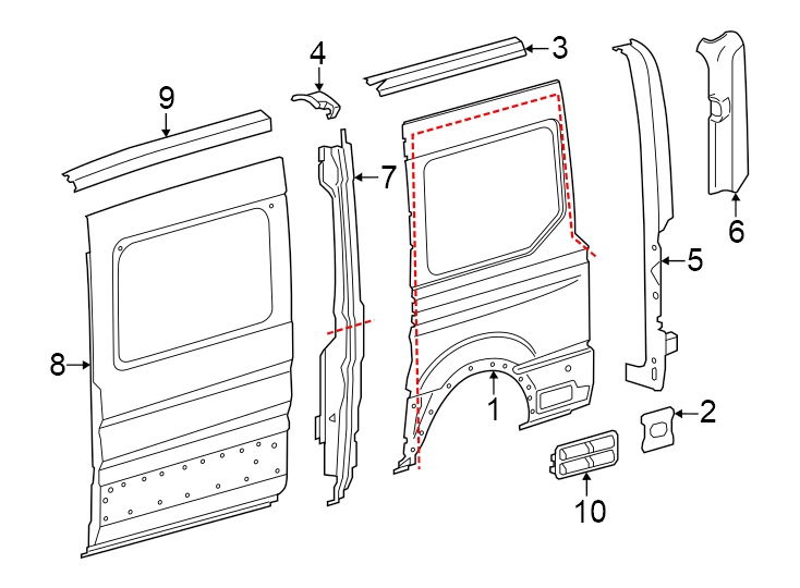 Diagram W/O side door driver side. 130" wb. Low roof. Medium roof. W/O window. W/WINDOW. for your 2024 Ford Transit-250 PTV Extended Cargo Van  