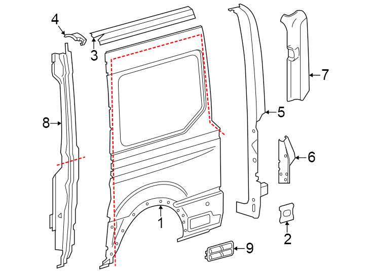 Diagram 130" wb. Low roof. Medium roof. W/O window. W/SIDE door. W/WINDOW. for your 2024 Ford Transit-250 PTV Extended Cargo Van  