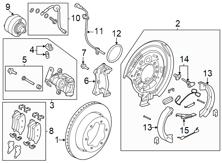 Diagram Rear suspension. Brake components. for your 2017 Ford F-150 5.0L V8 FLEX A/T 4WD Platinum Crew Cab Pickup Fleetside 