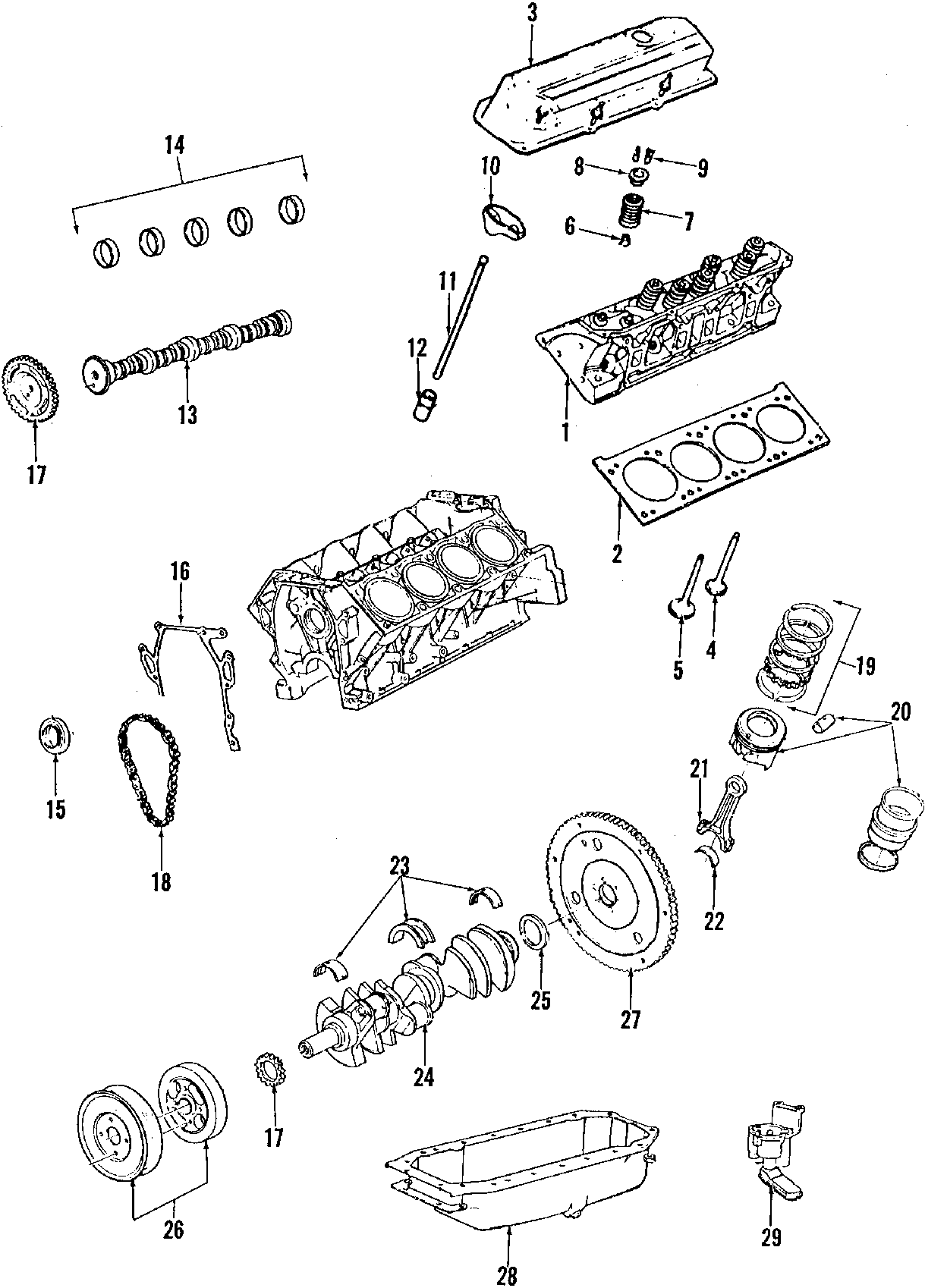 Diagram CAMSHAFT & TIMING. CRANKSHAFT & BEARINGS. CYLINDER HEAD & VALVES. LUBRICATION. MOUNTS. PISTONS. RINGS & BEARINGS. for your 2000 Cadillac Eldorado   