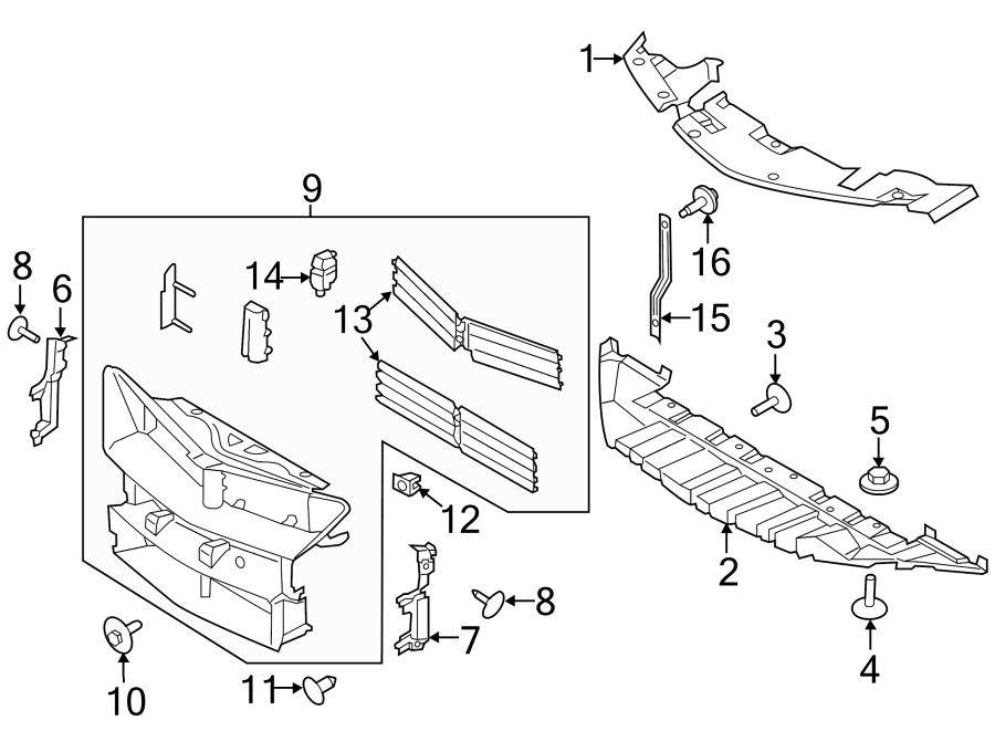 RADIATOR SUPPORT. SPLASH SHIELDS. Diagram