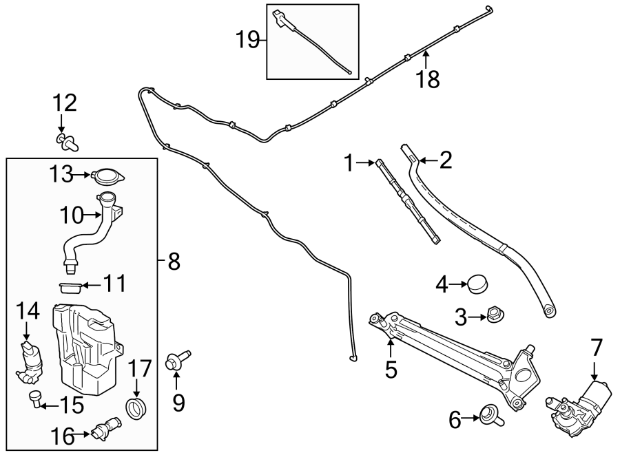 Diagram WINDSHIELD. WIPER & WASHER COMPONENTS. for your 2019 Lincoln MKZ Hybrid Sedan  