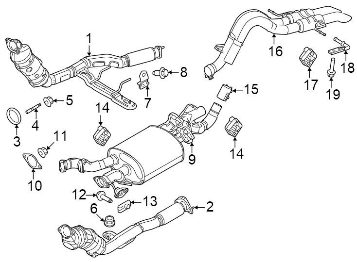 Diagram Exhaust system. Exhaust components. for your 2019 Ford F-150 5.0L V8 FLEX A/T RWD XLT Extended Cab Pickup Fleetside 