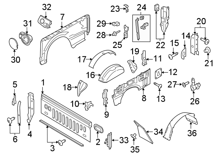 Diagram Pick up box. Box assembly. Front & side panels. for your Ford