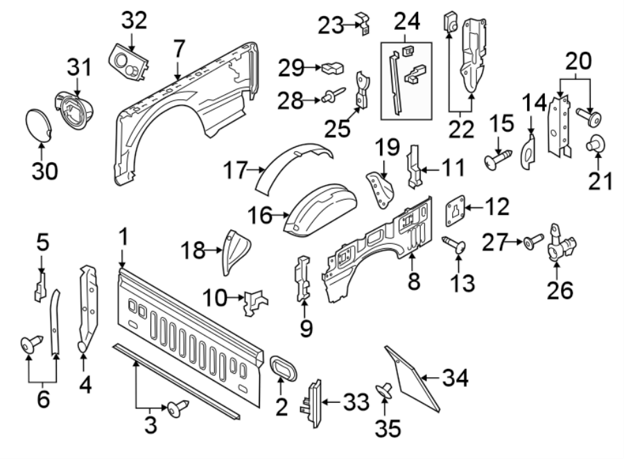 Diagram Pick up box. Front & side panels. for your Ford