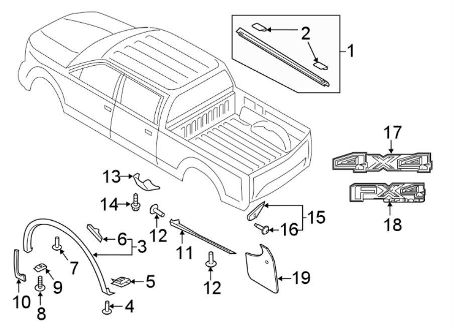 Diagram PICK UP BOX. EXTERIOR TRIM. for your Ford