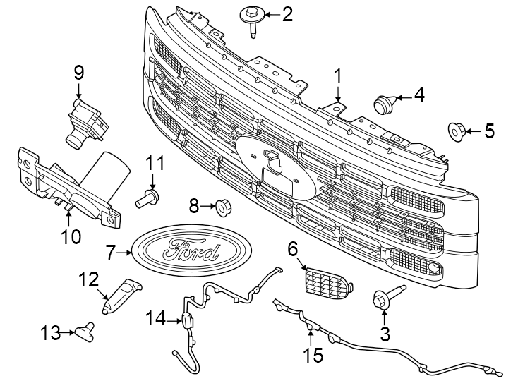 Diagram Grille & components. for your 2014 Ford F-150 6.2L V8 A/T 4WD FX4 Crew Cab Pickup Fleetside 