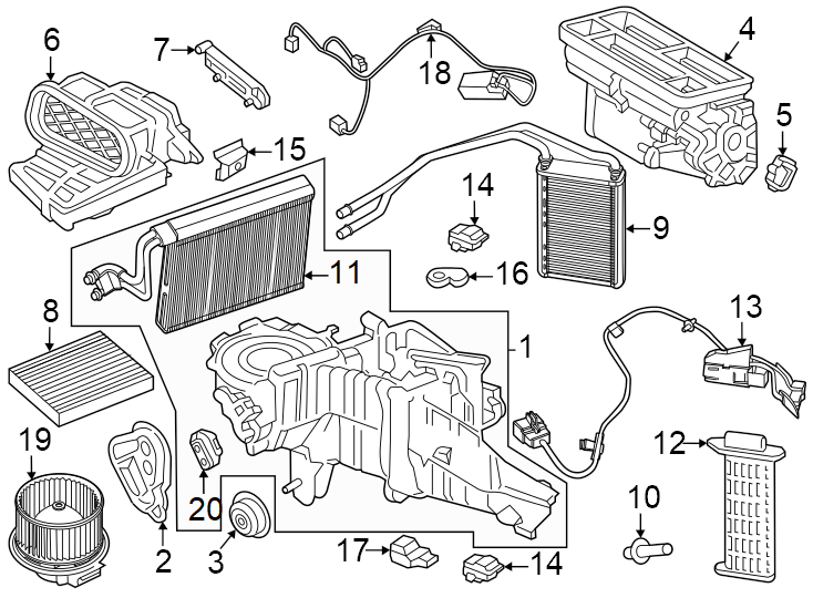 Diagram Air conditioner & heater. Evaporator & heater components. for your Ford